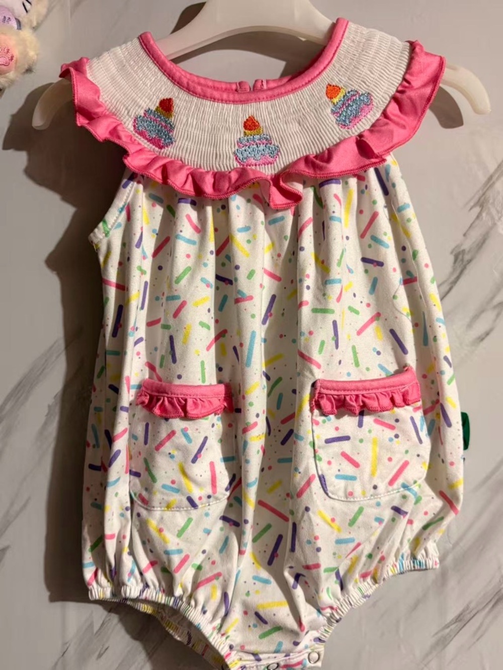 Girls' Pink-Trim Cupcake Bubble Romper
